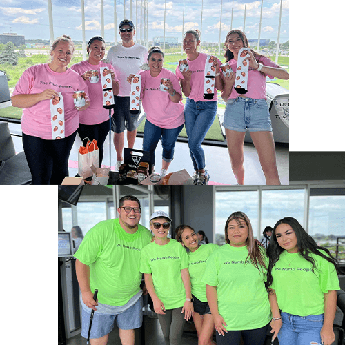 Collage featuring dental team members in matching tee shirts
