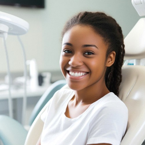 A young girl in a dentist’s chair smiling