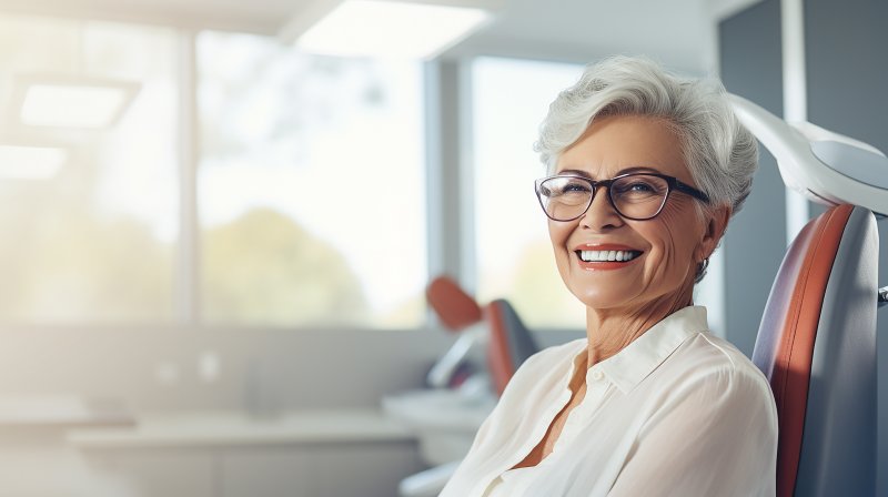 woman smiling in the dentist’s chair with dentures