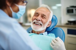 man smiling in the dentist’s chair with dentures